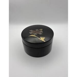 Vintage Japanese Black Lacquer Trinket Box Hand Painted Gold Floral Design